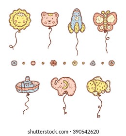 Kids toys. Beach Inflatable Toys. Balloons. Kawaii toy. Hand Drawn doodle ship, sun, bear, rocket, butterfly, elephant, fish - Vector Set