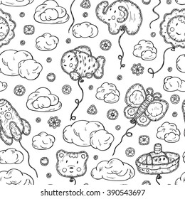 Kids toys. Beach Inflatable Toys. Balloons. Kawaii toy. Hand Drawn doodle clouds, ship, sun, bear, rocket, butterfly, elephant, fish - Vector Seamless Pattern. Cute background for kids