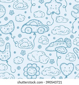 Kids toys. Beach Inflatable Toys. Balloons. Kawaii toy. Hand Drawn doodle clouds, star, heart, cat, car, airplane, flower, moon, rabbit  - Vector Seamless Pattern. Cute background for kids