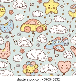 Kids toys. Beach Inflatable Toys. Balloons. Kawaii toy. Hand Drawn doodle clouds, star, heart, cat, car, airplane, flower, moon, rabbit  - Vector Seamless Pattern. Cute background for kids