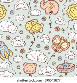 Kids toys. Beach Inflatable Toys. Balloons. Kawaii toy. Hand Drawn doodle clouds, ship, sun, bear, rocket, butterfly, elephant, fish - Vector Seamless Pattern.  Cute background for kids