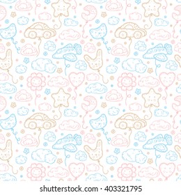 Kids toys. Beach Inflatable Toys. Balloons. Kawaii toy. Hand Drawn doodle clouds, star, heart, cat, car, airplane, flower, moon, rabbit - Vector Seamless Pattern. Cute background for kids
