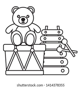 kids toys bear drum and xylophone vector illustration