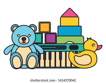 kids toys bear duck piano cubes blocks vector illustration