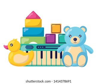 kids toys bear duck piano cubes blocks vector illustration
