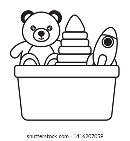 kids toys bear rocket and pyramid in bucket vector illustration