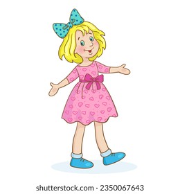 Kids toys. Сute beautiful doll in a pink dress. In cartoon style. Isolated on white background. Vector illustration.