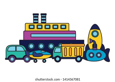 kids toys boat rocket truck car plane submarine vector illustration