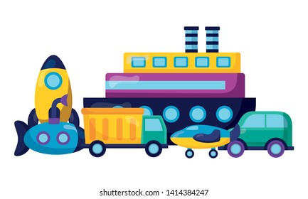 kids toys boat rocket truck car plane submarine vector illustration
