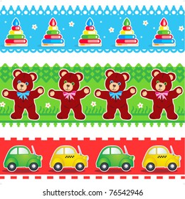 Kids toys borders vector seamless patterns - teddy bears, cars, pyramids ( for high res JPEG or TIFF see image 76542949 )
