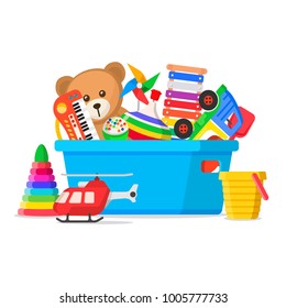 Kids toys in a box. Storage place and things for a child to play with, box used for keeping dolls in. Vector flat style cartoon kids toys illustration isolated on white background
