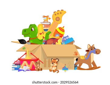 Kids toys box. Toy donates, giant cardboard packing with plastic car, books and doll. Children donation, charity or kindness memories decent vector concept