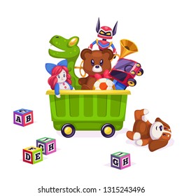 Kids toys box. Toy kid child play game bear pyramid ball train yacht horse doll duck boat plane car rabbit, flat vector illustration