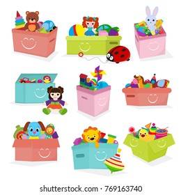 Kids toys box vector baby container with toyshop teddy bear play in babyroom boxes set illustration isolated on white background