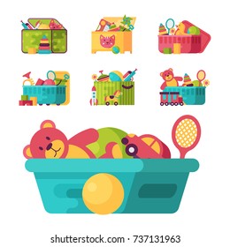 Kids toys box vector collection. Baby container with toyshop icons teddy bear child play in baby room set illustration.