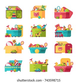 Kids toys box vector collection. Baby container with toyshop icons teddy bear child play in baby room set illustration.