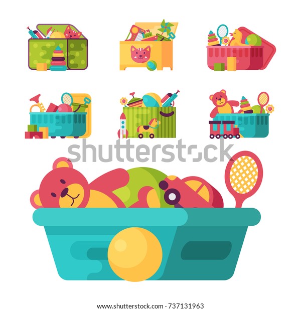 Kids toys\
box vector collection. Baby container with toyshop icons teddy bear\
child play in baby room set\
illustration.