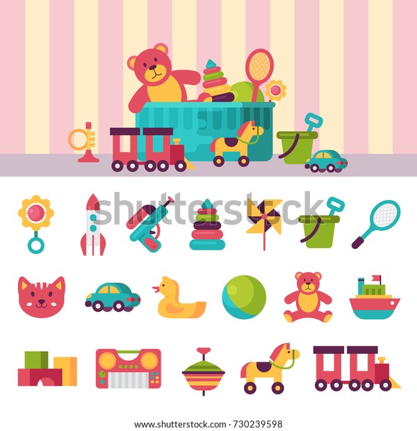 Kids\
toys box vector illustration set collection. Baby container with\
toyshop icons teddy bear child play in baby room\
