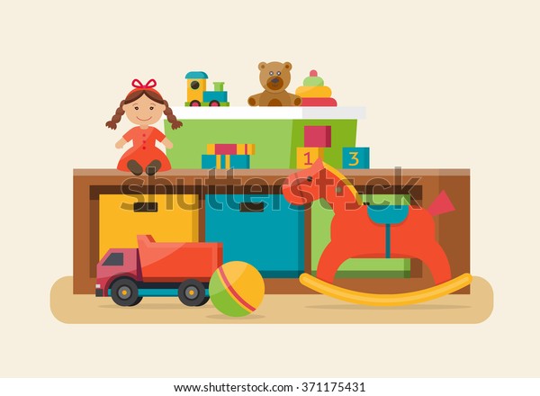 Kids toys in boxes. Playroom\
kids in nursery. Baby room interior. Flat style vector\
illustration.