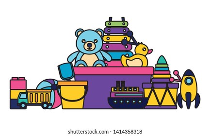 kids toys bucket bear boat ball drum blocks shovel truck rocket duck vector illustration