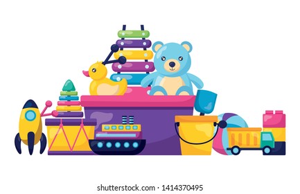 kids toys bucket bear boat ball drum blocks shovel truck rocket duck vector illustration