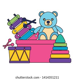 kids toys bucket bear drum xylophone pyramid vector illustration