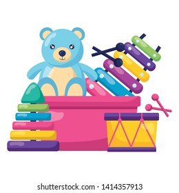 kids toys bucket bear drum xylophone pyramid vector illustration