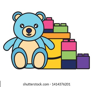 kids toys bucket filled blocks and bear vector illustration