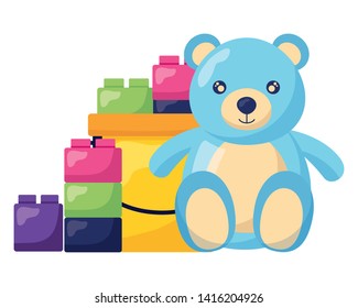 kids toys bucket filled blocks and bear vector illustration