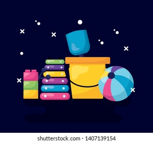 kids toys bucket shovel ball  xylophone blocks black background vector illustration