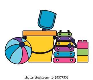 kids toys bucket shovel ball xylophone blocks background vector illustration