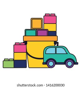 kids toys car bucket filled cubes and blocks vector illustration