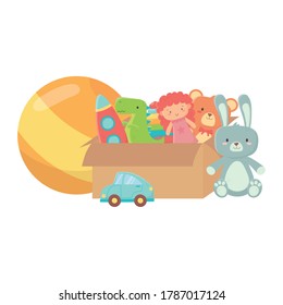 kids toys cardboard box full with doll bear rocket dinosaur ball and car object amusing cartoon vector illustration