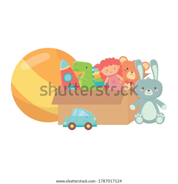kids toys\
cardboard box full with doll bear rocket dinosaur ball and car\
object amusing cartoon vector\
illustration