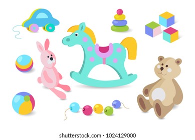 Kids toys cartoon style colorful vector icons set.