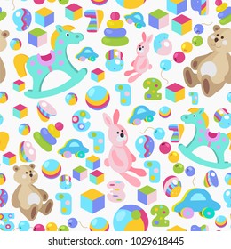 Kids toys cartoon style colorful vector seamless pattern