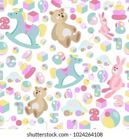 Kids toys cartoon style pastel vector seamless pattern