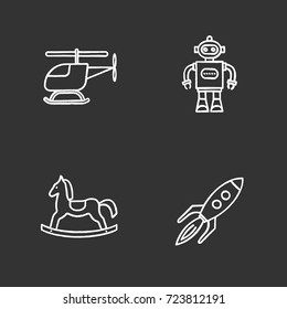 Kids toys chalk icons set. Helicopter, robot, rocking horse, rocket. Isolated vector chalkboard illustrations