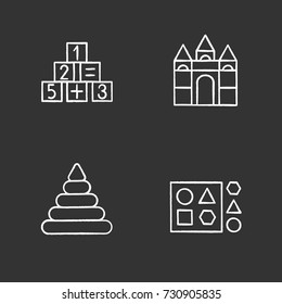 Kids toys chalk icons set. Educational games. Math and castle building blocks, pyramid, shape sorter toy. Isolated vector chalkboard illustrations