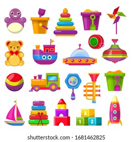 Kids toys, children games vector flat carton icons