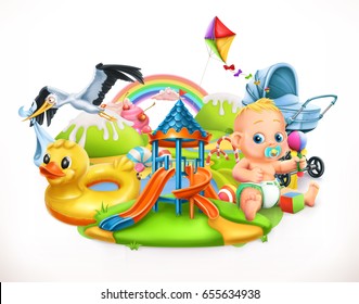 Kids and toys. Children playground 3d vector illustration