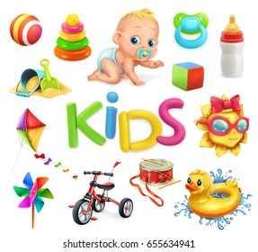 Kids and toys. Children playground, 3d vector icons set.