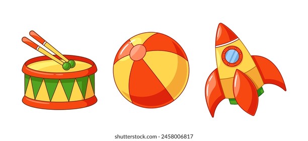 Kids Toys, Colorful Drum, Cylindrical Percussion Instrument With A Membrane. Rocket or Spacecraft With Fins, Ball