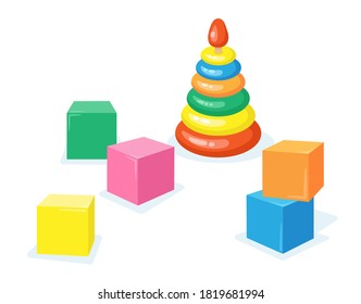 Kids toys. Colorful pyramid and cubes. In cartoon style. Isolated on white background. Vector flat illustration.