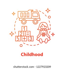 Kids toys concept icon. Childhood idea thin line illustration. Number cubes, doll, toy truck. Vector isolated outline drawing