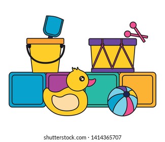 kids toys cubes duck ball drum bucket shovel vector illustration