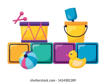 kids toys cubes duck ball drum bucket shovel vector illustration