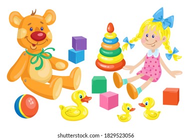 Kids toys. Cute doll, funny teddy bear, rubber ducks, ball, cubes and pyramid. In  cartoon style. Isolated on white background. Vector flat illustration.