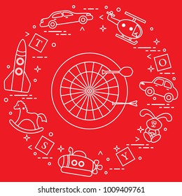 Kids toys: darts, helicopter, blocks, rabbit, bathyscaphe, rocking horse, rocket, cars. Design element for postcard, banner or print.