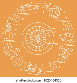 Kids toys: darts, helicopter, blocks, rabbit, bathyscaphe, rocking horse, rocket, cars. Design element for postcard, banner or print.